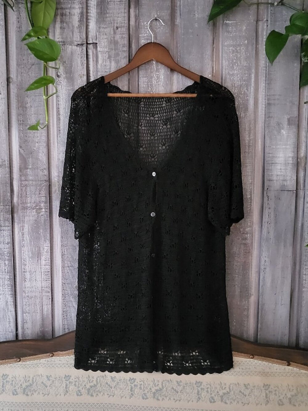 Black Crochet Cardigan - Short Sleeve V-Neck Lace Knit Sweater Large